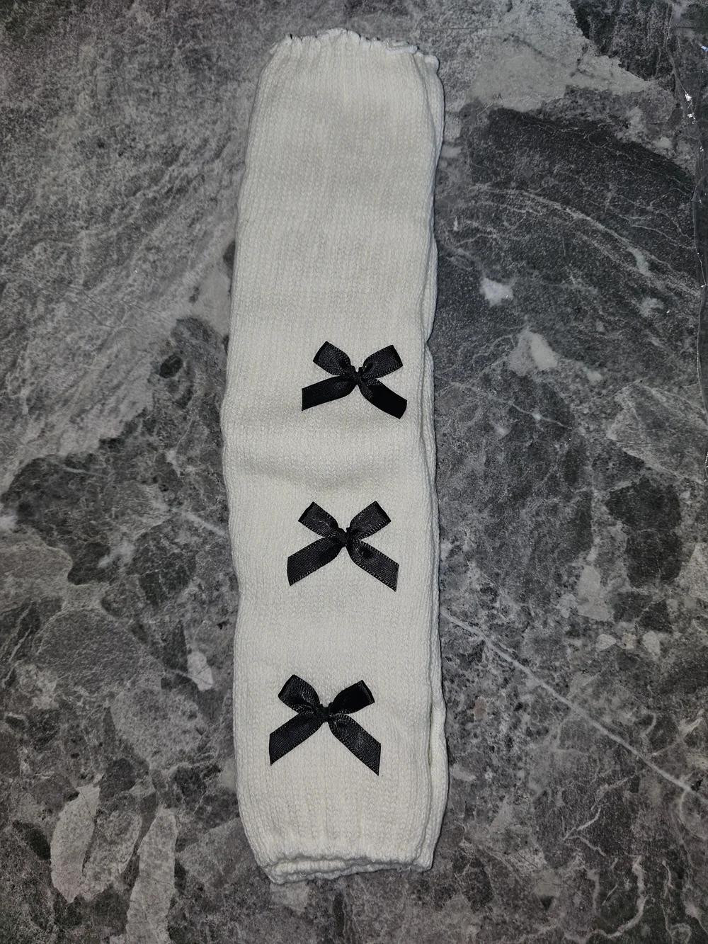 Women’s White Knit Arm Warmers with Black Bows
